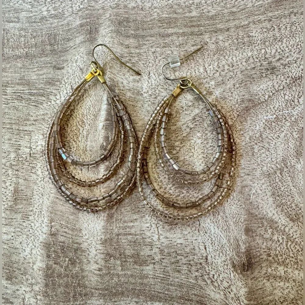 Handmade Boho Earrings Dangle Seed Bead Champagne Tone Tear Drop Neutral